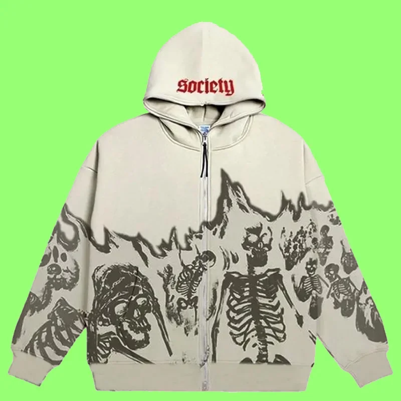Men Anime Skull Hoodies Women Vintage Gothic Zip Up Long Sleeve Streetwear Loose Coats Harajuku Letter Print Hooded Sweatshirts