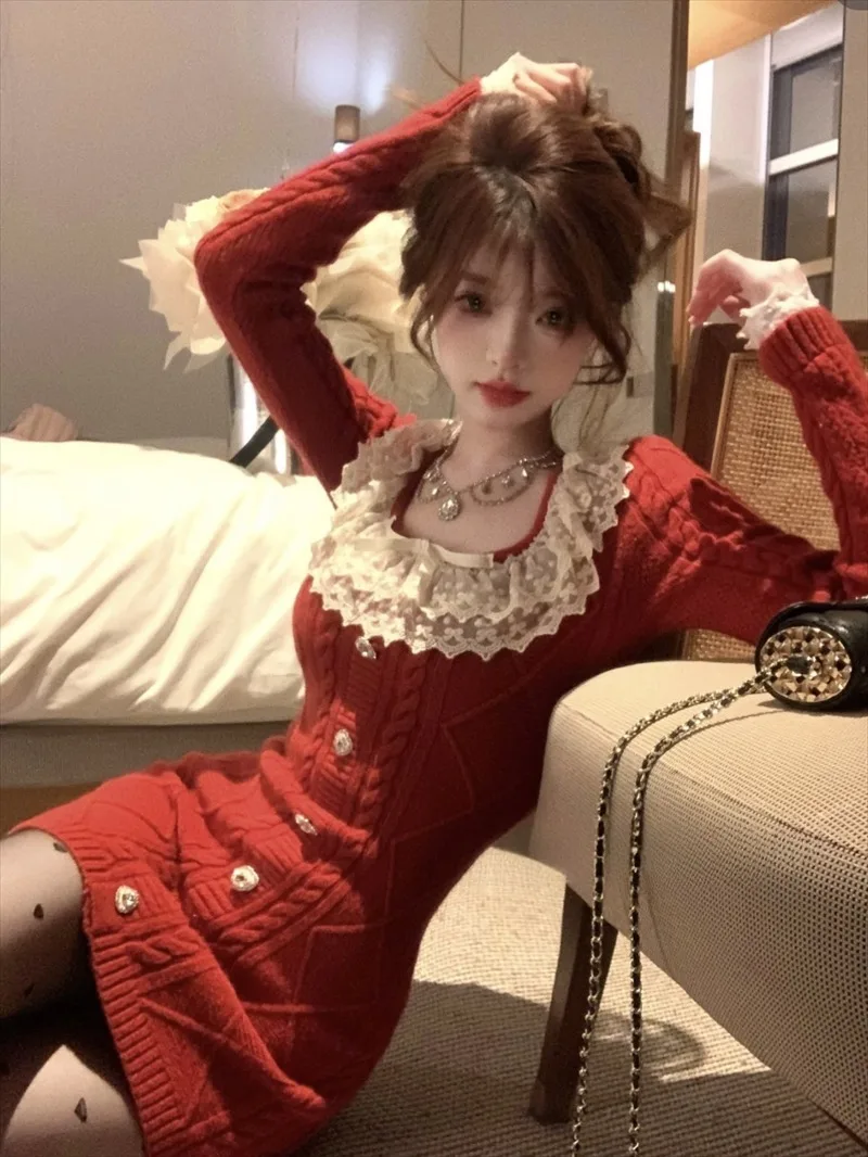 

Sweet Spicy Girl Lace Splice Square Neck Knit Dress Women Fashion Gentle Elastic Slim Solid New Year Sweater Wrap Hip Chic Wear