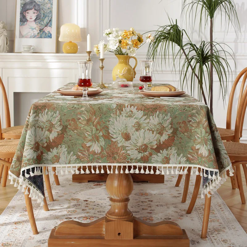 Jacquard Oil Painting Tassels Tablecloth Rectangular Dustproof Flower Table Cover Kitchen Dinning Coffee Table Decoration