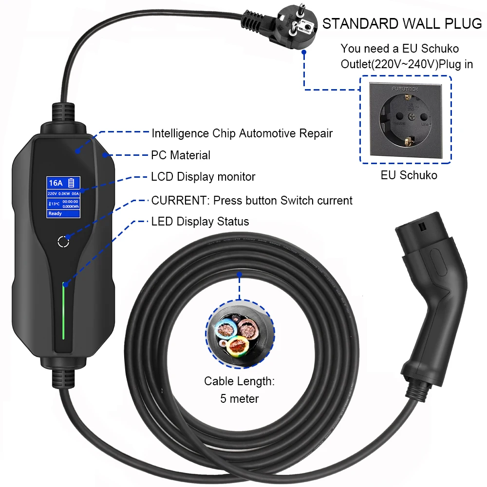 EV type 2 emergency charger (mode 2 - 6A 1.5+4m)