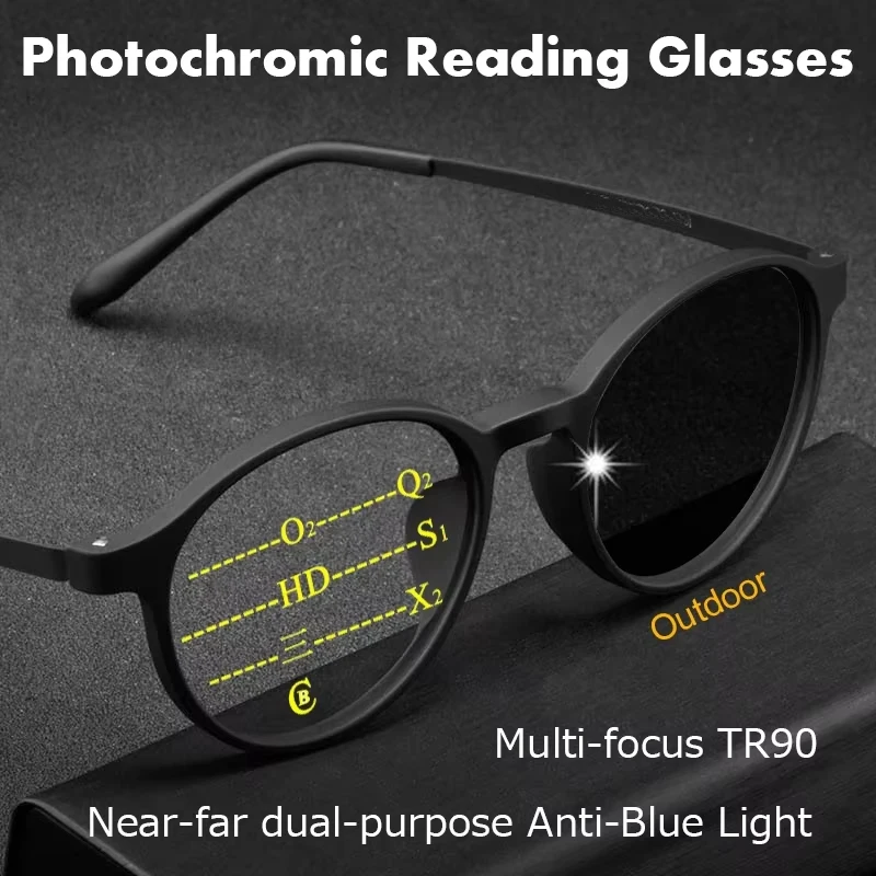 Progressive photochrome Lesebrille mit rundem Rahmen, Unisex, reines Titan, Multifokus, Anti-Blaulicht-Business-Brille, 1,0–4