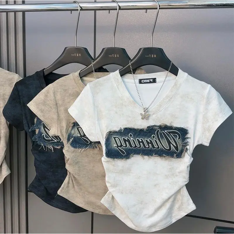 

V Neck Short Sleeve Pleated Slim Tees Vintage Y2k Aesthetic 2024 Summer Crop Top Denim Embroidery Patchwork Chic Women T-shirts