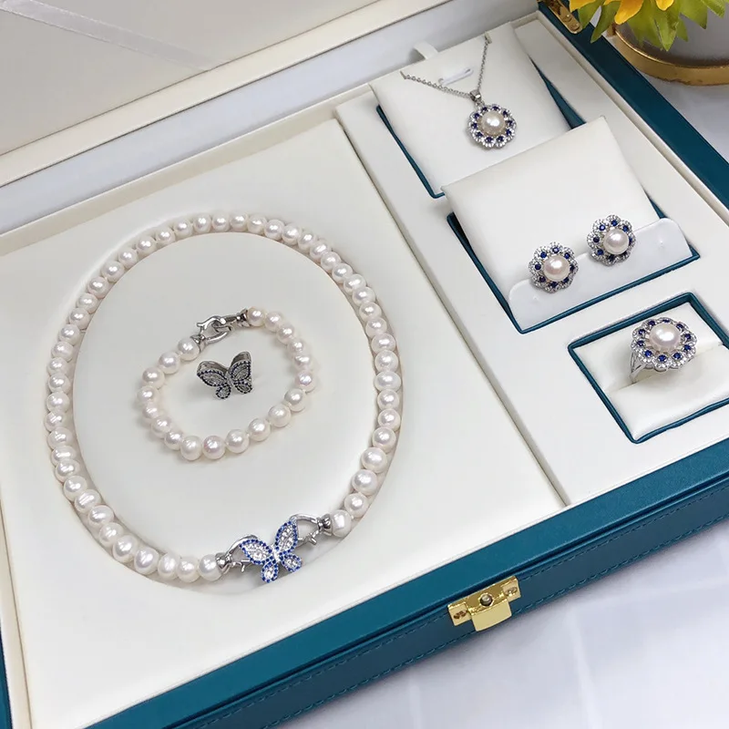 

Popular 6Color 8-9mm freshwater pearl Pendant Necklace Bracelet Earring Ring 5PCS set for Women's Versatile Fashion Jewelry