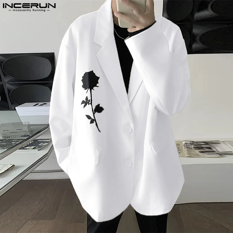 INCERUN Men's Clothing Stylish Rose Printed Suit Coats Casual Clubwear Male All-match Loose Long Sleeved Blazer S-5XL