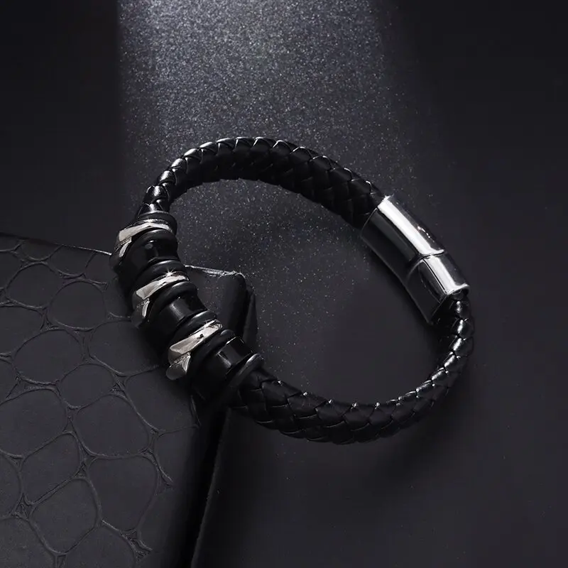 Leather bracelet classic leather braided magnetic metal buckle bracelet men's casual business jewelry gift