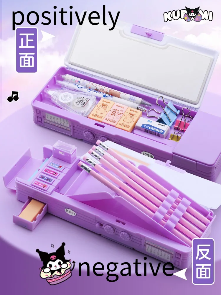Pencil Cases Kuromi Melody Multi-functional Automatic Pen Case Combination Lock Pouch Large Capacity Stationery Box Desktop Storage