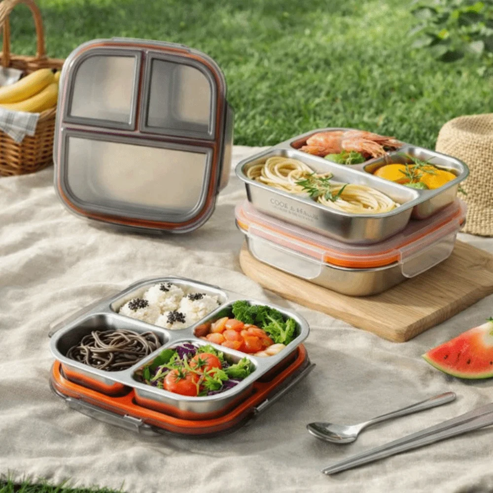 3/4칸 스테인리스 도시락통, 새지 않는 재사용 가능 식품 용기, 밀폐형 600ml 용량, 학생 도시락, 어린이 학교용