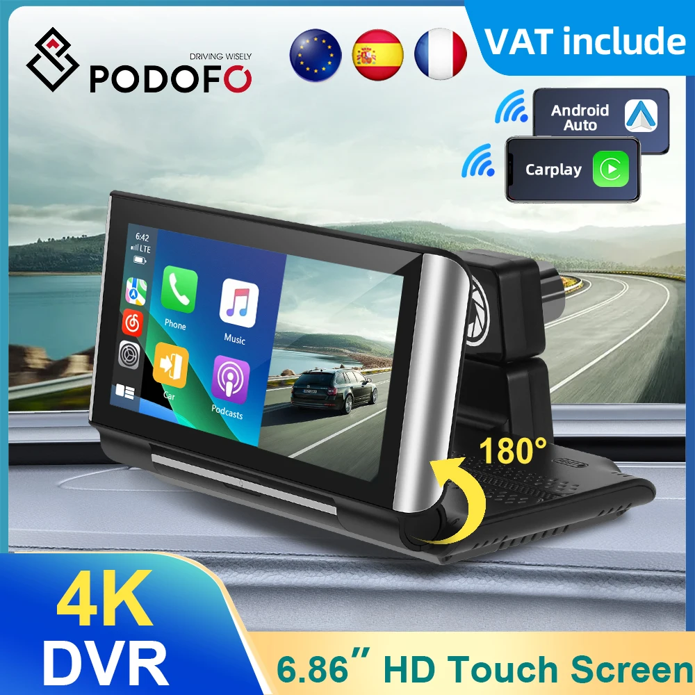 Podofo 6.86 Pollici Car Dvr Carplay Monitor 4K Dash Cam Monitor Carplay Android Auto Apple Airplay Specchio Cast Bt/Fm/Aux Cruscotto