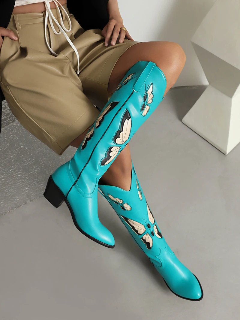 Plus Size Embroidered Butterfly National Western Boots Pointed Toe Thick Heel Plush Inner Embroidered Women's Knee High Boots