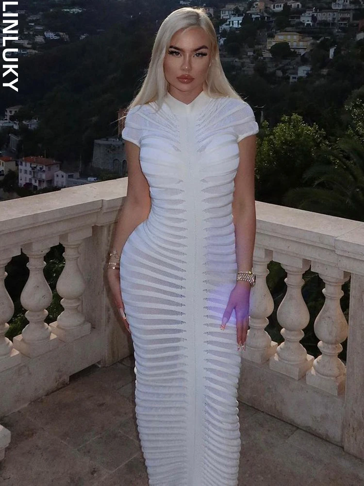 

Autumn New Sexy Perspective Long Cardigan Short Sleeve Button Dress for Women Club Party Long Dresses Woman Clothing