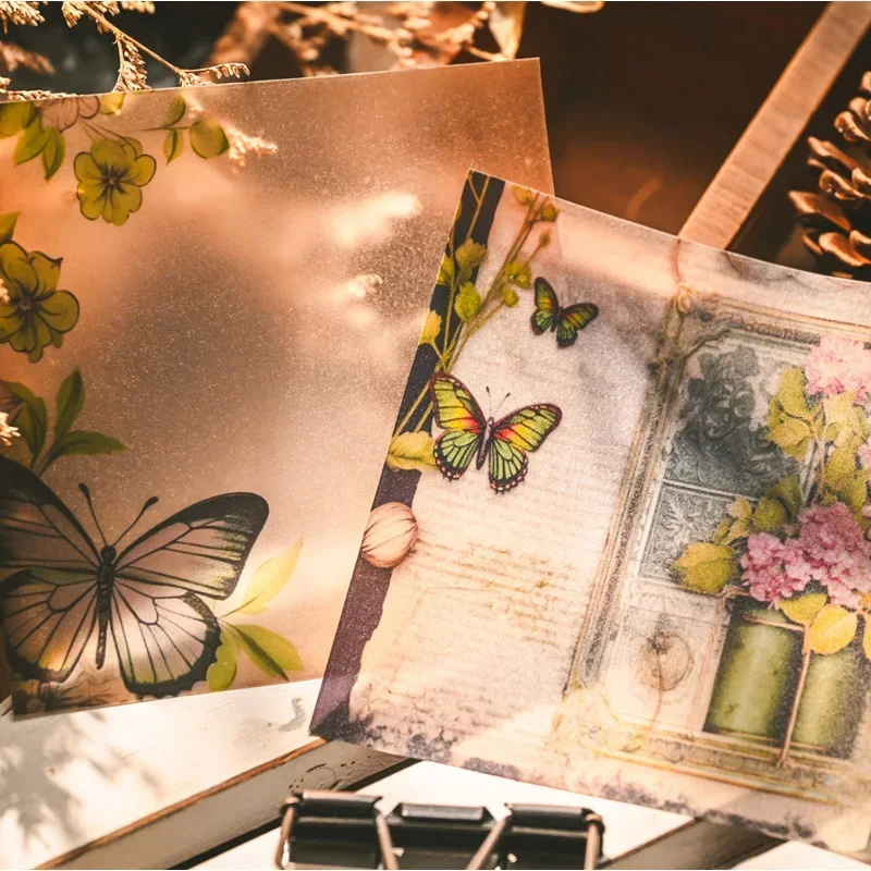 Vintage Butterfly Vellum Stickers Small Background Paper Plant Flower Transparent Stickers Scrapbooking Material 3"X3" 12 Sheet