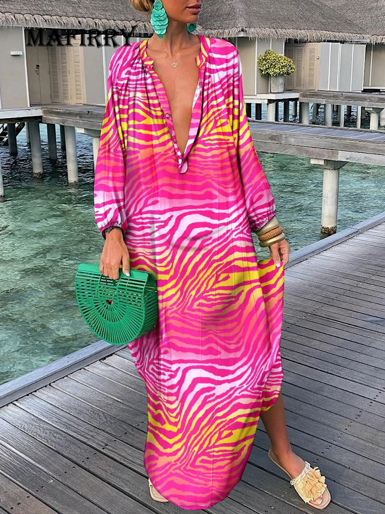 2022 Simple Long Garment Sleeve Spring Autumn Women Bohemian Loose  Loungewear Dress Deep V-neck Printed Ladies Dress Streetwear - Dresses -  AliExpress