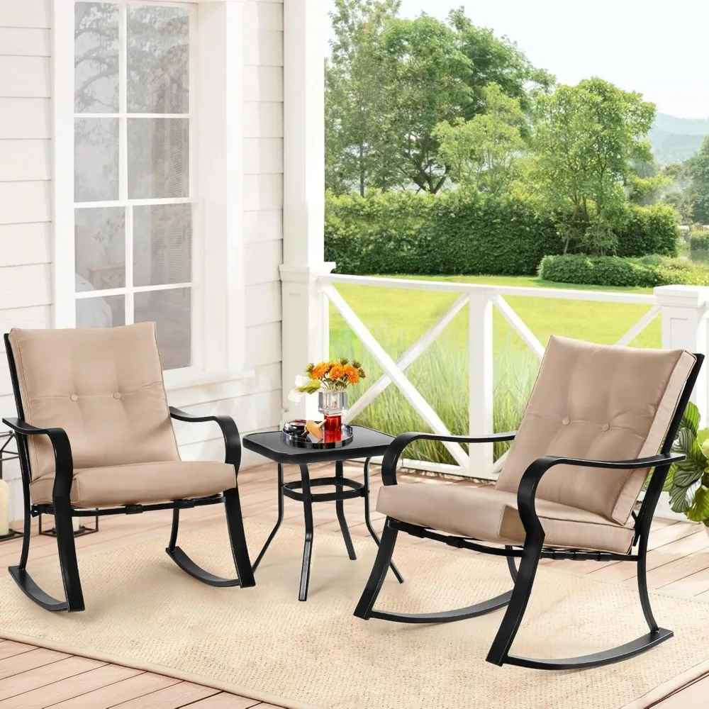 3-Piece Outdoor Rocking Chairs Bistro Set, Black Iron Patio Furniture with Brown Thickened Cushion & Glass-Top Coffee Table 3