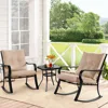 3-Piece Outdoor Rocking Chairs Bistro Set, Black Iron Patio Furniture with Brown Thickened Cushion & Glass-Top Coffee Table 3