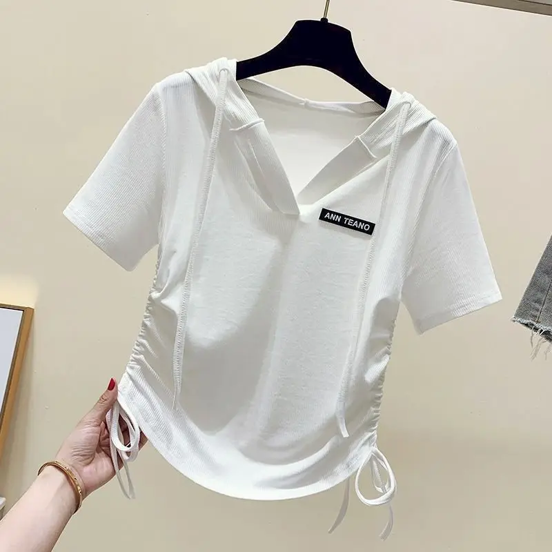 98% cotone T-Shirt donna irregolare cordoncino T-Shirt corta Casual con cappuccio manica corta top estate 2023 Trend Tshirt Y2k vestiti