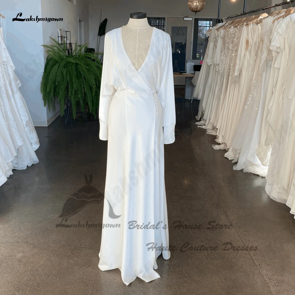 

Lakshmigown Simple Silky Satin Long Sleeve Wedding Dress 2024 A Line Beach Bridal Gowns Plunging New Mariage