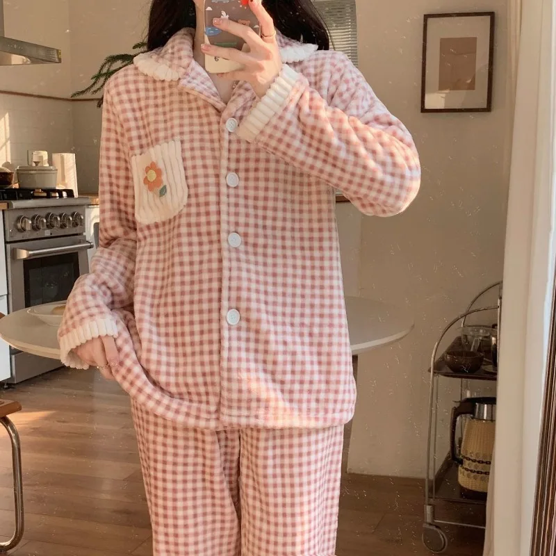 Autumn Winter Women Coral Velvet Sleepwear Thickened Cardigan Sweet Cute Loungewear Suit Flannel Long Sleeve Female Pajamas Set