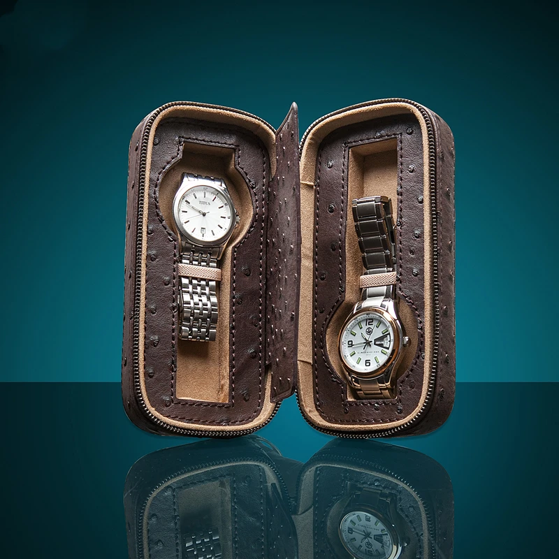 2 Slots Leather Watch Box Organizer Brown