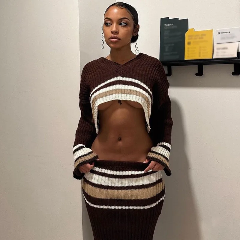 

Summer Outfits For Women 2023 Bikini Cover Up Beach Outing Sexy Slim Fit Open Two Piece Set New Knitted Stripe Mid Length Skirt