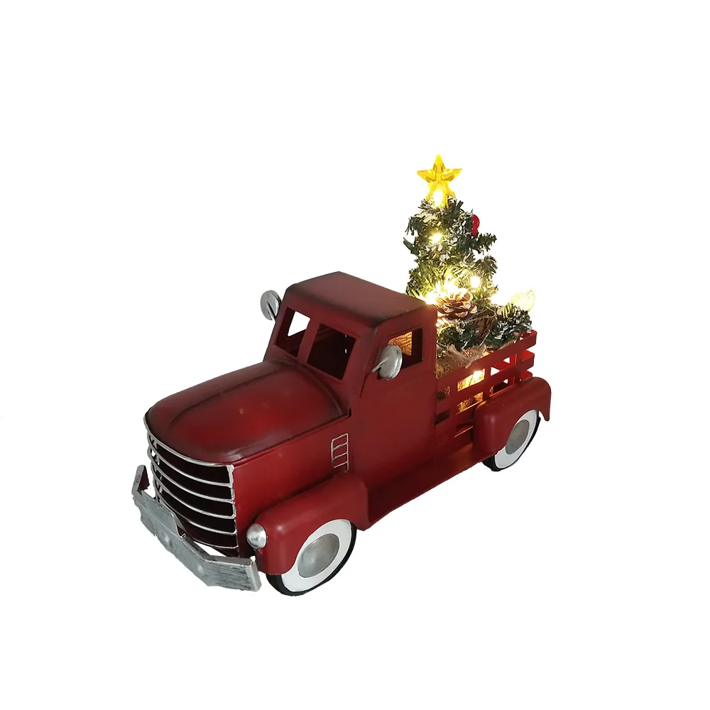 Vintage red truck farm crafts decorated mini tree, rustic Christmas decor iron metal pickup model with Christmas tree with light