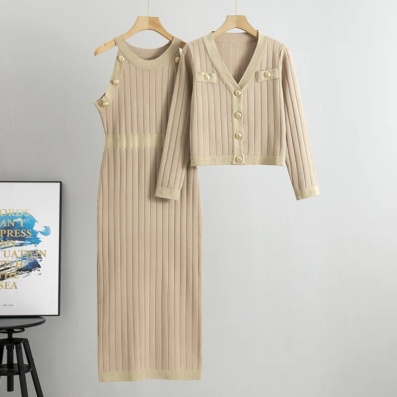Elegant Womens Dress Sets Fashion Knitted Long Sleeve V-neck Cardigan Coat+Sleeveless Dress
