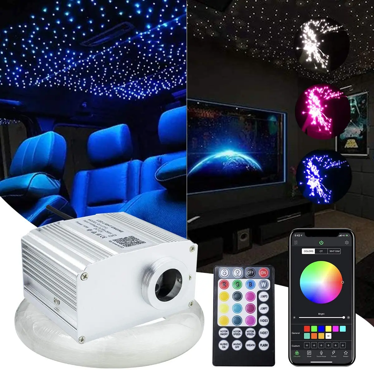 10W Twinkle Fiber Optic Star Ceiling Lights Kit RGBW Car Roof Star
