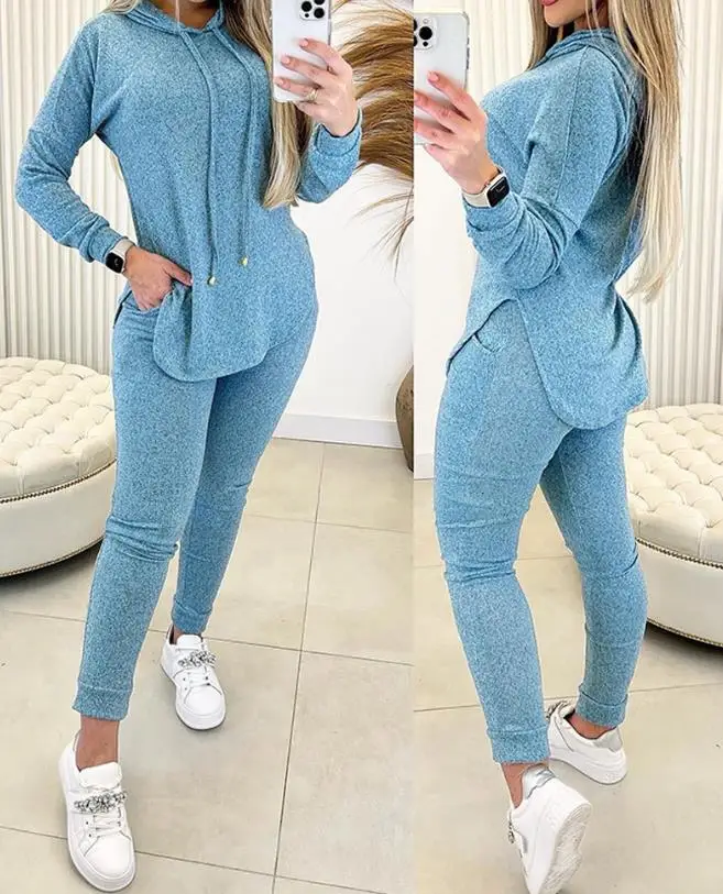 Women's Solid Color Set 2024 Spring Latest Casual Fashion Long Sleeve Hooded Drawstring Sweatshirt&pocket Slit Design Pants Set