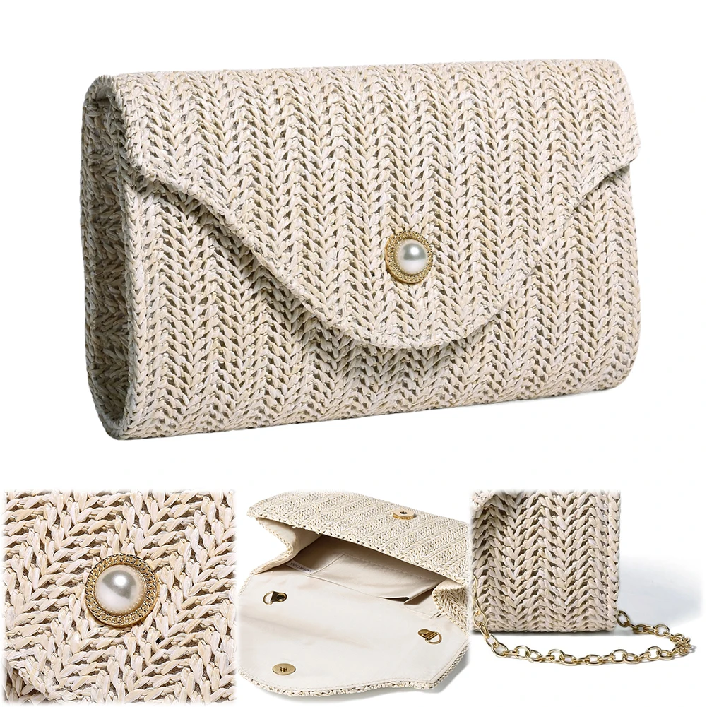 Straw Clutch Purses for Women Pearl Evening Bag Small Beach Woven Purse and Handbags Female Chain Strap Shoulder Crossbody Bags