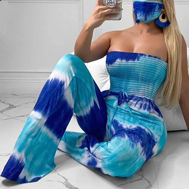 

2024 Women Tie Dye Printed Strapless Wide Leg Jumpsuit Blue Sexy Halter Tube Top Bohemian Wide Leg Siamese Pants with Mask Set