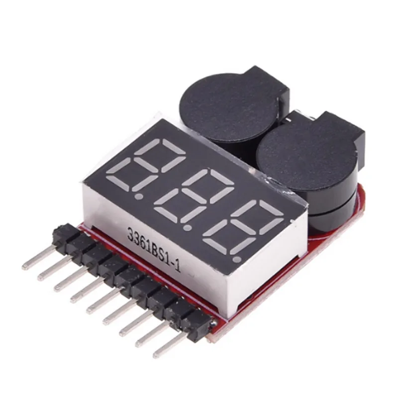 Testeur de batterie Lipo connecté à une batterie 3S, alarme basse tension activée.