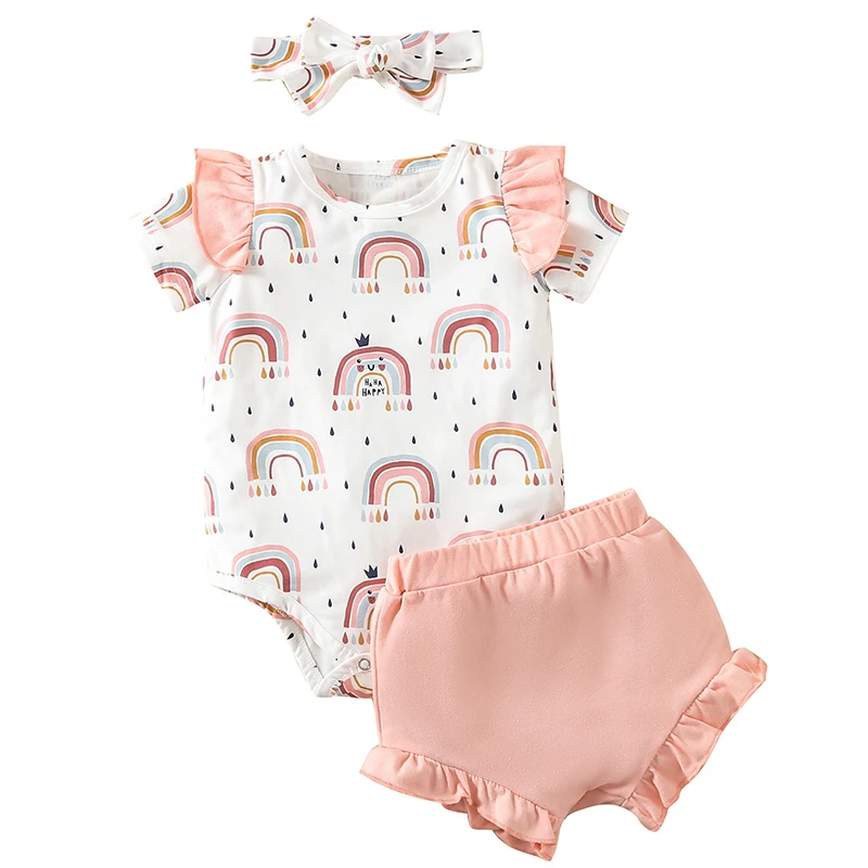 

Baby Girls Clothes Summer Cute Rainbow Print Baby Romper + PP Shorts Set Newborn Infant Bodysuit Princess Jumpsuit Outfits