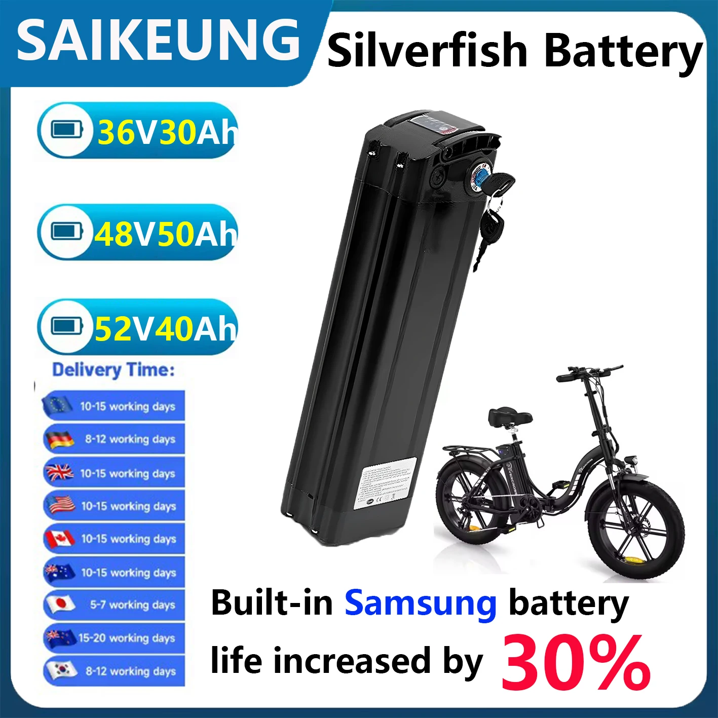 batterie v&eacute;lo &eacute;lectrique SilverFish 36v48v52v60v72v 60 20ah 24 30 45ah 50ah 2000w battery for HITWAY BK6S COLORWAY Electric Bike