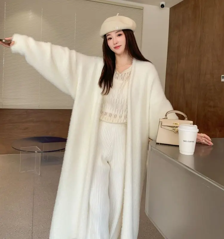 女性のための白いロングカーディガン,ふわふわの服,長袖,カシミアセーター,暖かいヴィンテージコート,韓国スタイル,冬の服,新しい,2022 女性のための白いロングカーディガン,ふわふわニット,長袖