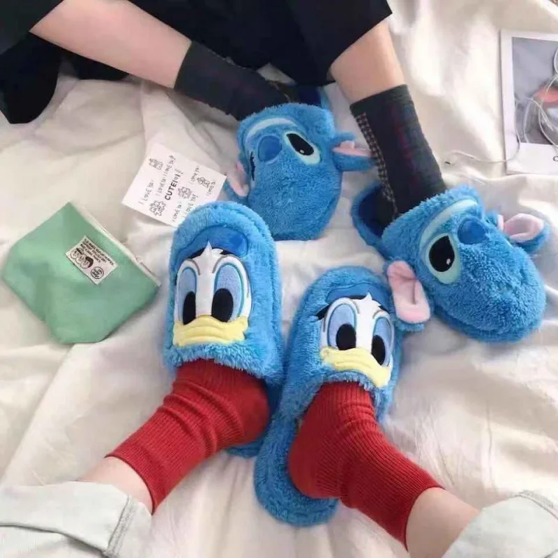 Disney Stitch Winter Women Slippers Plush Warm Indoor Non-slip