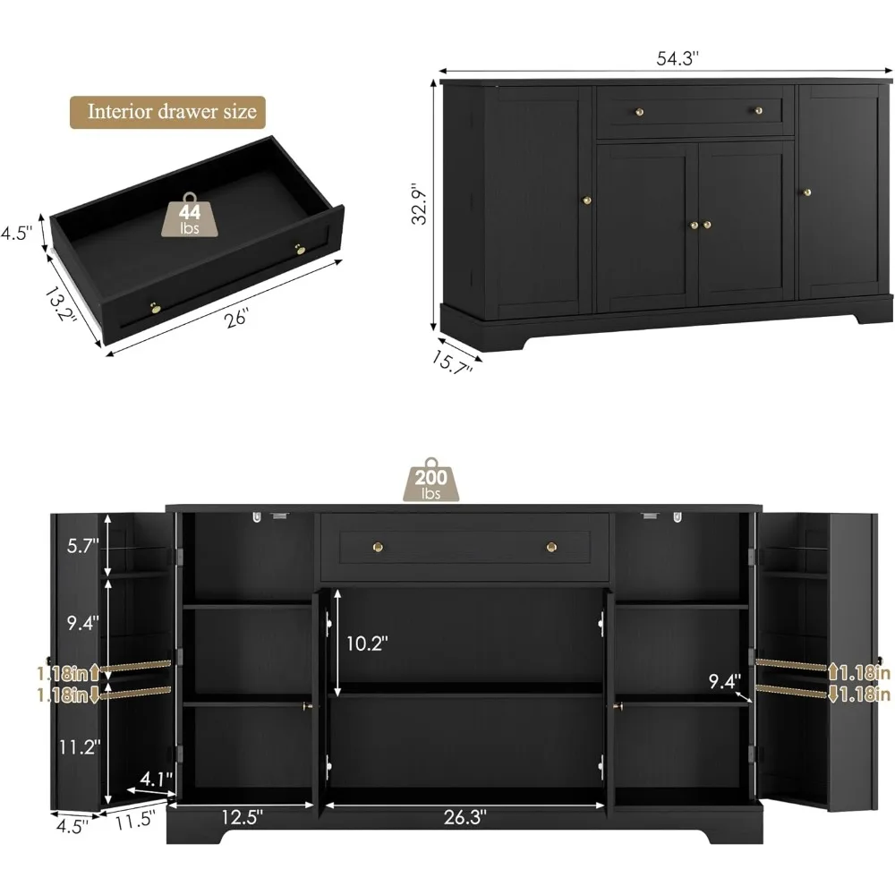54" Buffet Cabinet with Storage, Modern Kitchen Buffet Sideboard with Drawer, Wood Coffee Bar Cabinet with Adjustable Shelves 2