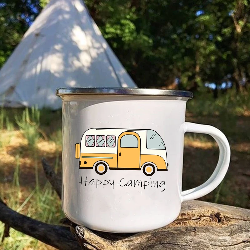 Camper Enamel Travel Mug - Handmade Creative Coffee and Tea Cup with Handle