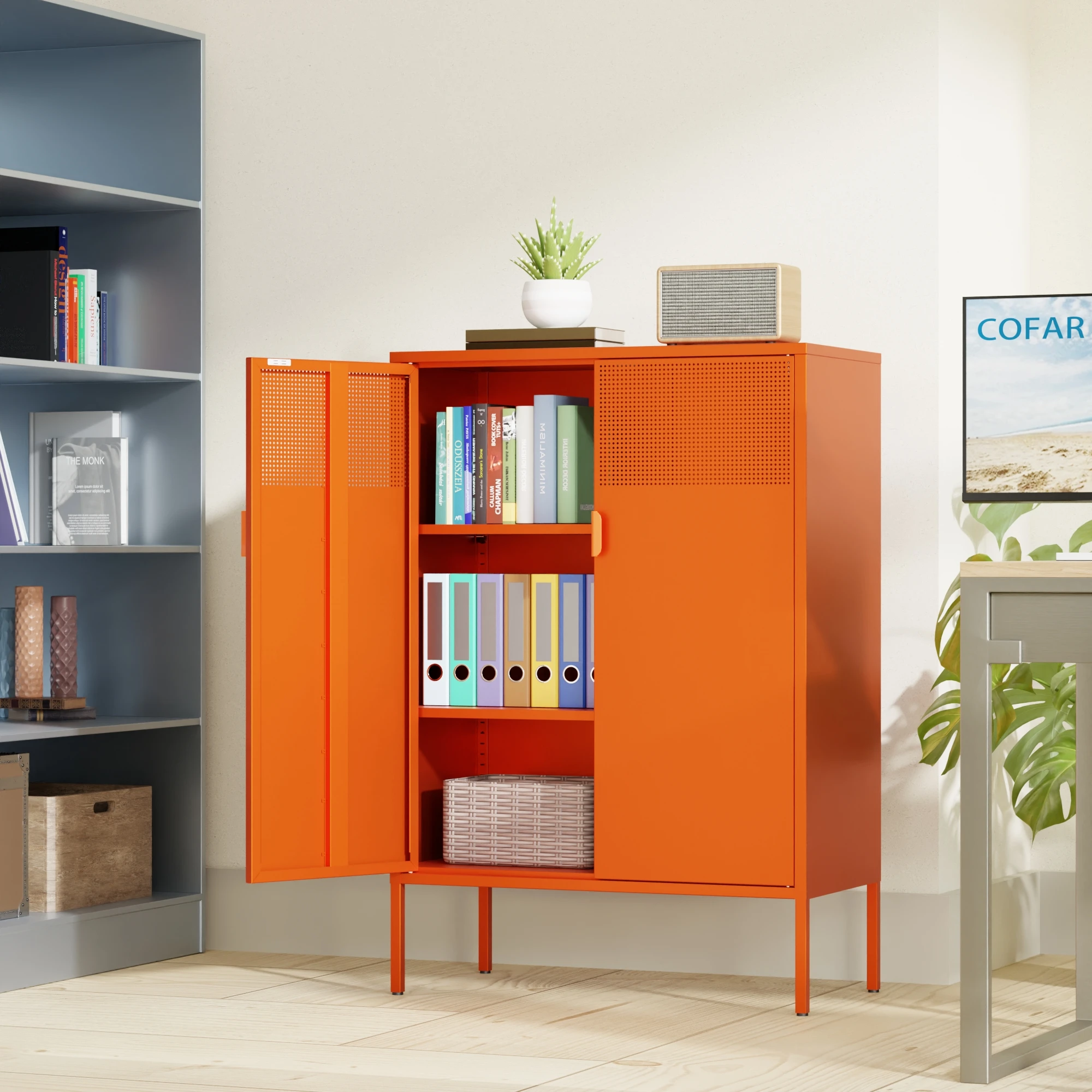 Orange 3 Tier Metal Storage Cabinet with Legs, 2 Door Metal Locker for Home, Office, Entryway and Hallway 4