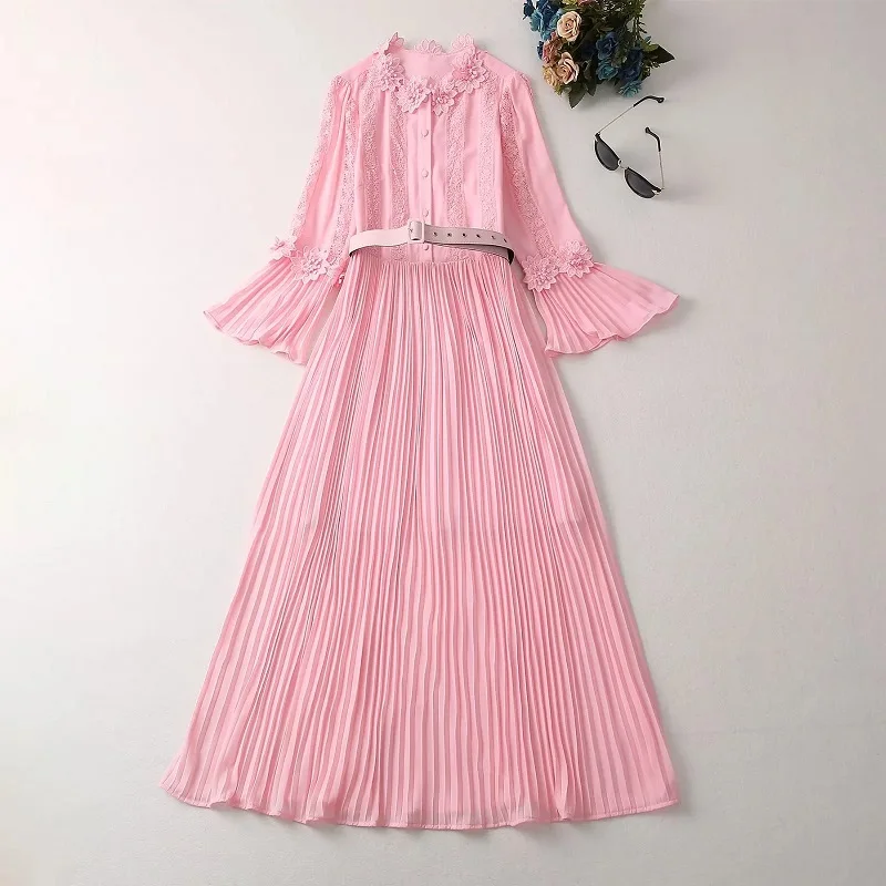 

New 2023 Spring Long Dress High Quality Wedding Party Women Appliques Flower Embroidery Flare Sleeve Sweet Pink Pleated Dress