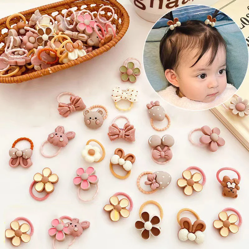 20 pieces/unit cute cartoon bear rabbit hair ties for girls elastic rubber headbands flower bow baby hair accessories children's ornaments