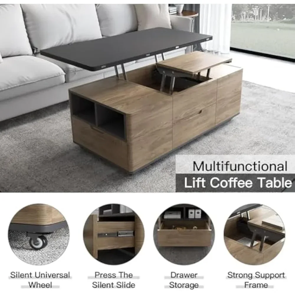 Lift-Top Coffee Tables with 4 Stools, 3-in-1 Center Tables, Space Saving Folding Dining Table