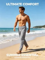 Pantalon décontracté pour homme en coton et lin, coupe droite, taille élastique avec cordon de serrage, respirant, léger, idéal pour l'été et la plage, avec poches 5