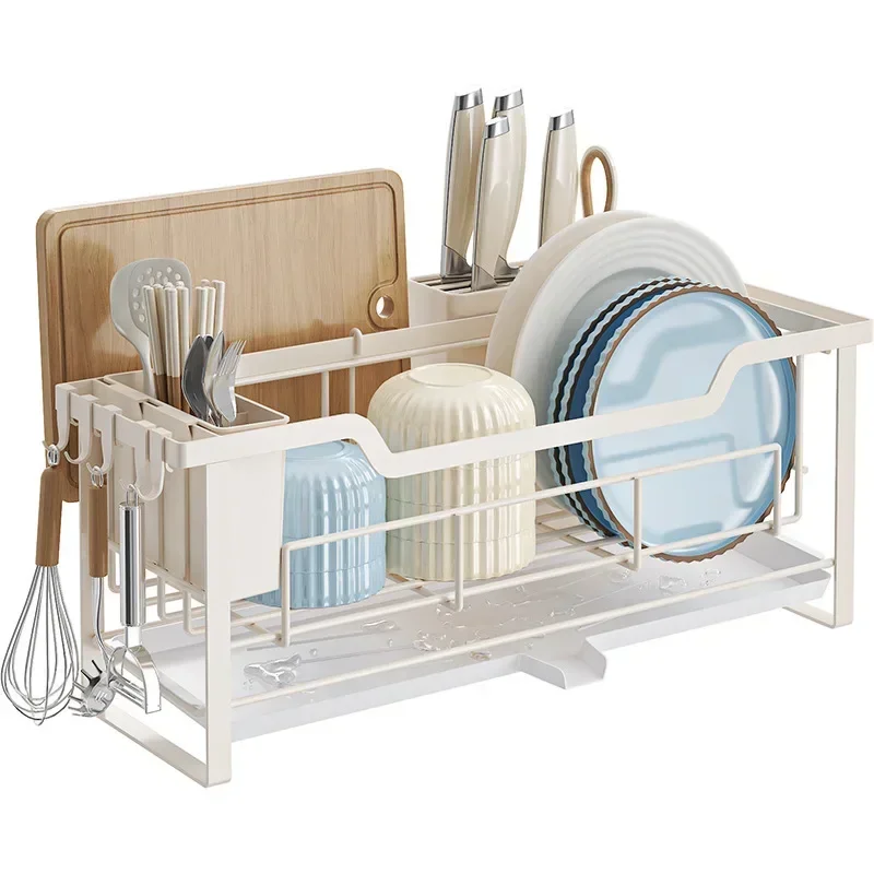 Compact Dish Storage Rack Space-Saving Kitchen Organizer with Drain Tray for Plates Utensils Cups Countertop Dish Drainer