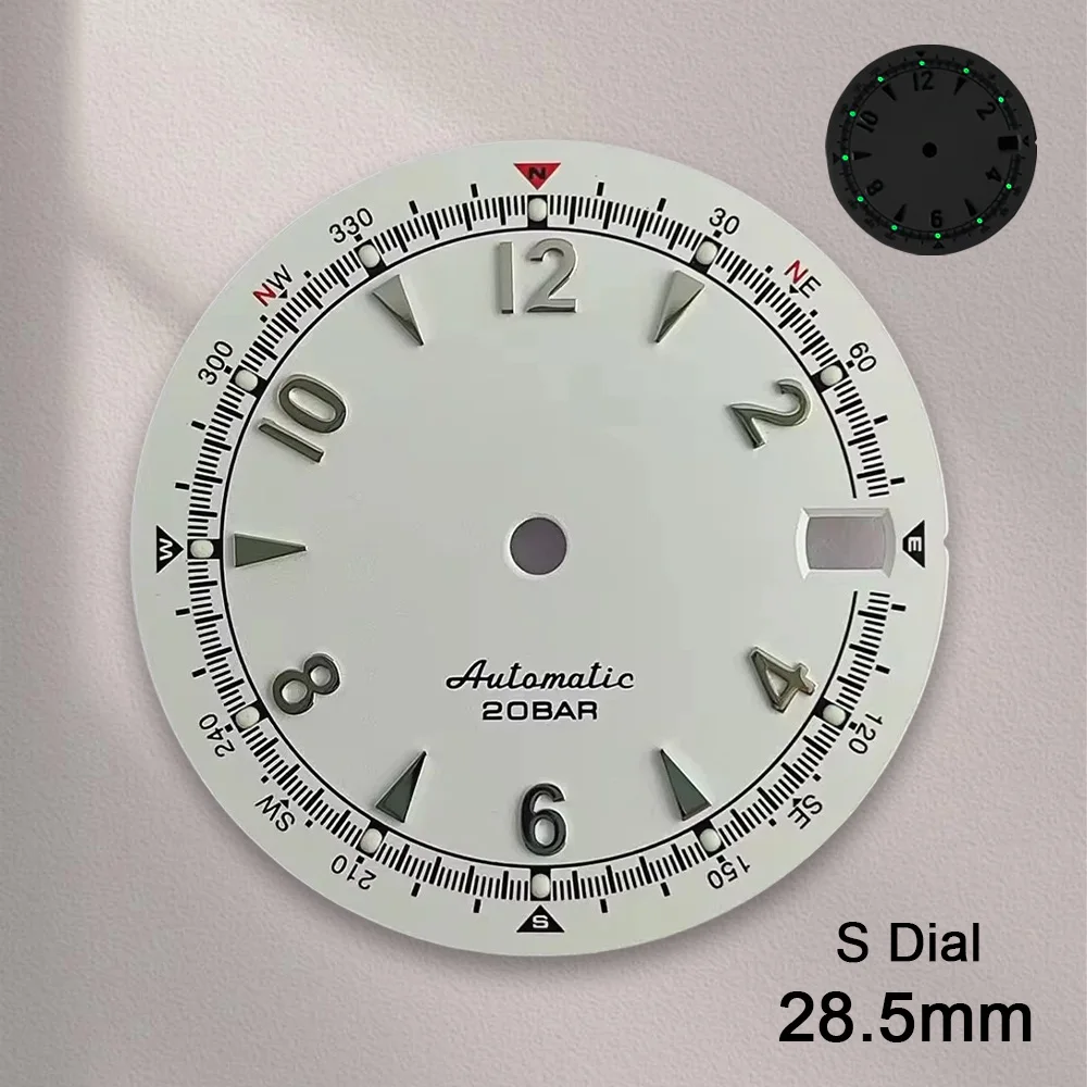 새로운 Nh35 다이얼 S 로고 28.5mm 레트로 시계 다이얼 녹색 야광 NH35 무브먼트용 시계 부품 수리 도구