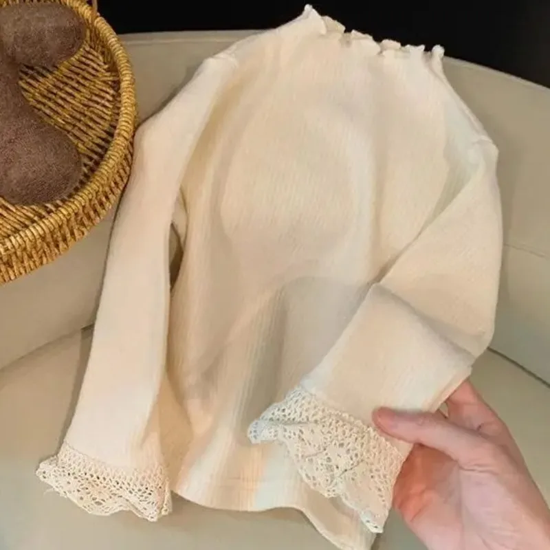 Enfants filles chemise printemps automne dentelle manches longues T-shirt haut vêtements pour enfants 'bébé élégant couleur unie sous-manteau polyvalent