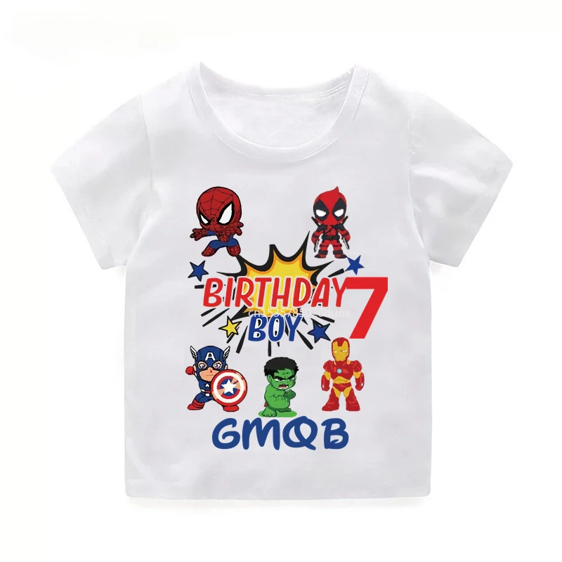 thumbnail image 1 of Niños 2 3 4 5 6 7 8 Cumpleaños Marvel SuperHero Summer Camisa de manga corta Los Vengadores Personalizar nombre Ropa de fiesta de cumpleaños, 1 of 4