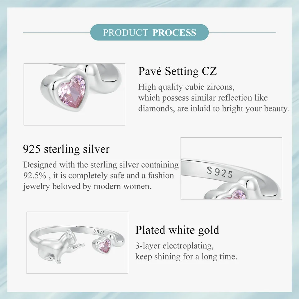 Sterling Silver Cat Open Ring With Pink Zircon Adjustable Kitty - PeticaDeals