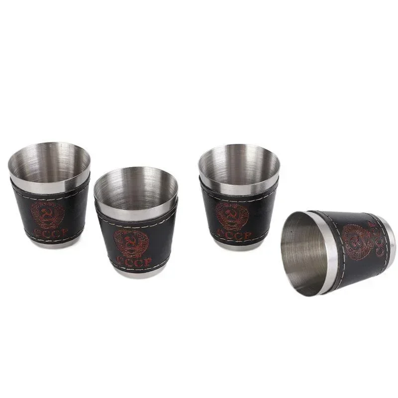 Shot Glasses 4pcs Vodka Cup 304 PU Holster Russia Stainless Steel Mini Wine Tumbler 30ml Shot Glass Set Outdoor Product