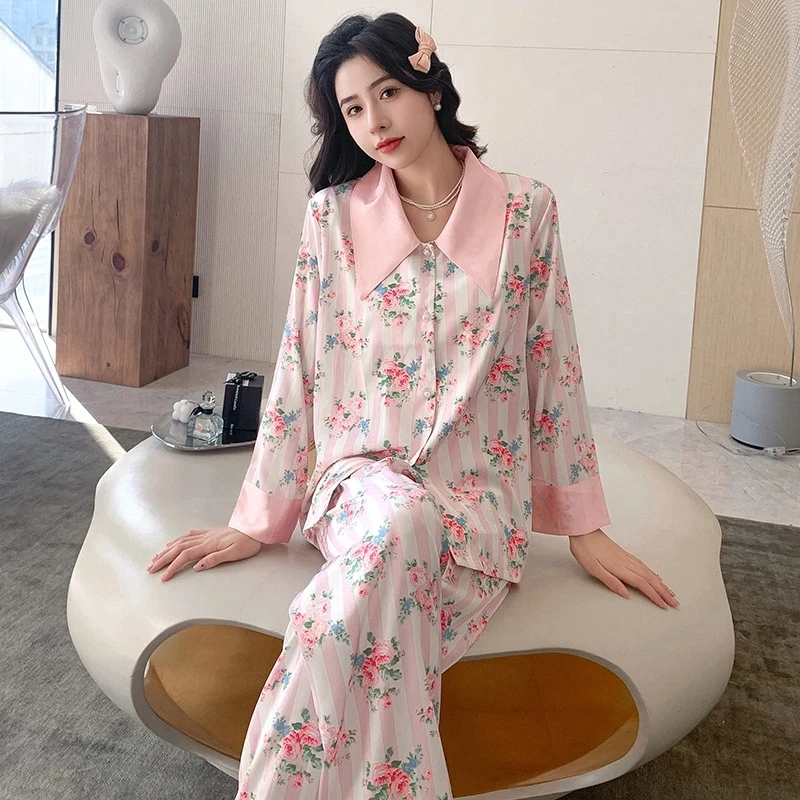 

Женские пижамные комплекты в полоску с цветочным принтом, комплект из 2 предметов для отдыха, женская пижама с большим воротником, осенняя одежда для сна, весна-лето 2024