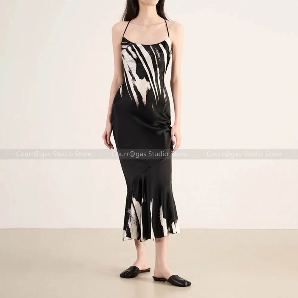 

Niche Vintage Black White Artistic Abstract Print Cross Halter Backless Slim Fishtail Long Dresses