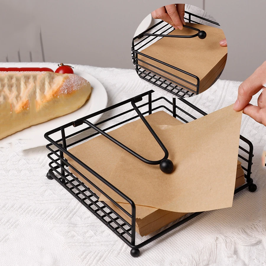 Flat Napkin Holder Metal Kitchen Napkin Holder With Weighted Tension Arm Rustic Tissue Paper Dispenser For Countertop Table 5